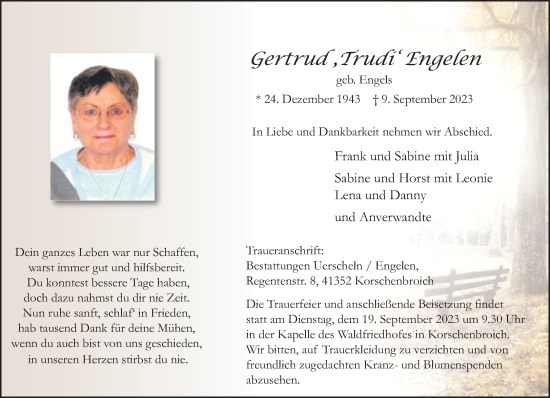 Traueranzeige von Gertrud Engelen von trauer.extra-tipp-moenchengladbach.de