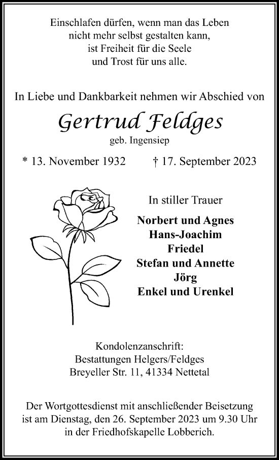 Traueranzeige von Gertrud Feldges von trauer.extra-tipp-moenchengladbach.de