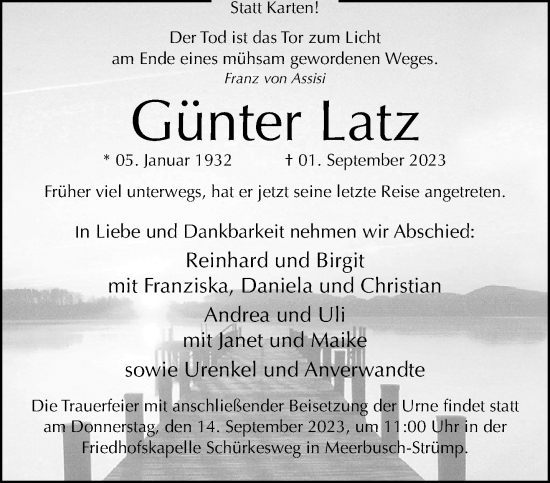 Traueranzeige von Günter Latz von trauer.extra-tipp-moenchengladbach.de