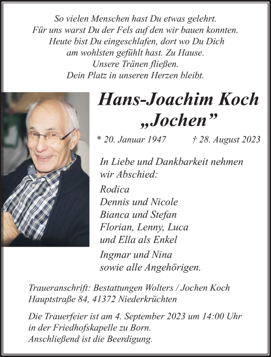 Traueranzeige von Hans-Joachim Koch von trauer.extra-tipp-moenchengladbach.de