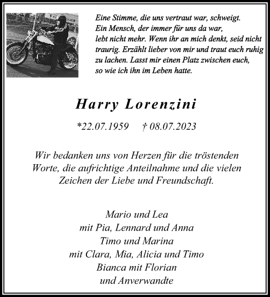 Traueranzeige von Harry Lorenzini von trauer.extra-tipp-moenchengladbach.de