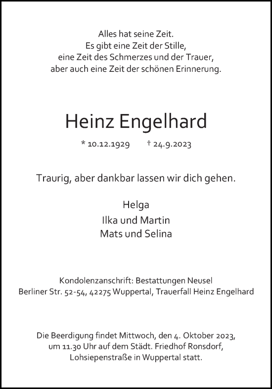 Traueranzeige von Heinz Engelhard von trauer.wuppertaler-rundschau.de