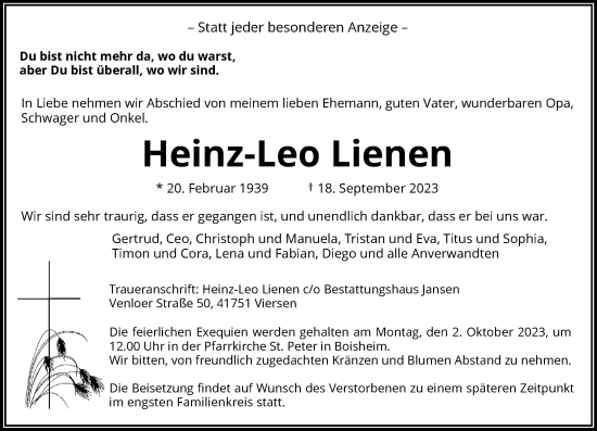 Traueranzeige von Heinz-Leo Lienen von trauer.extra-tipp-moenchengladbach.de