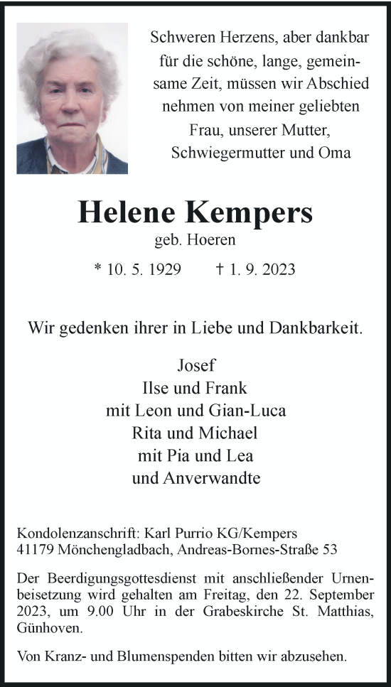 Traueranzeige von Helene Kempers von trauer.extra-tipp-moenchengladbach.de