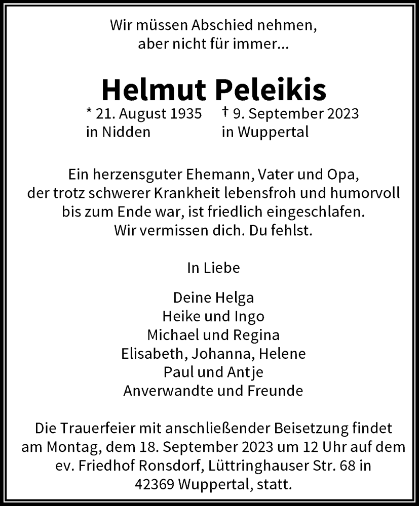  Traueranzeige für Helmut Peleikis vom 16.09.2023 aus trauer.wuppertaler-rundschau.de