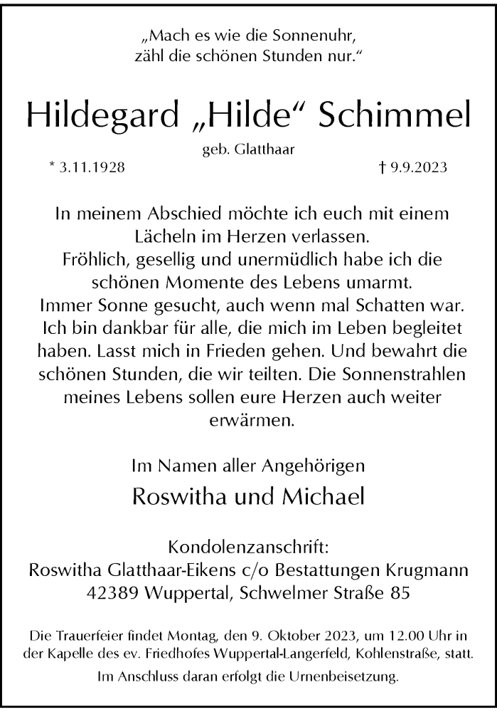  Traueranzeige für Hildegard Schimmel vom 16.09.2023 aus trauer.wuppertaler-rundschau.de