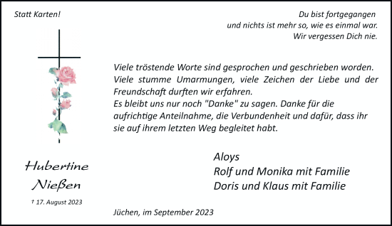 Traueranzeige von Hubertine Nießen von trauer.stadt-kurier.de