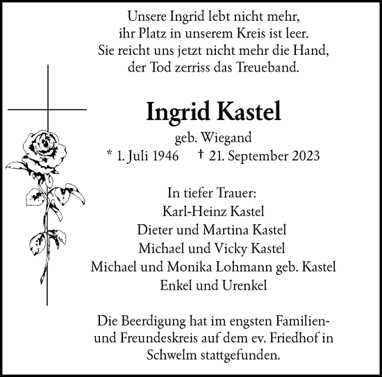 Traueranzeige von Ingrid Kastel von trauer.wuppertaler-rundschau.de