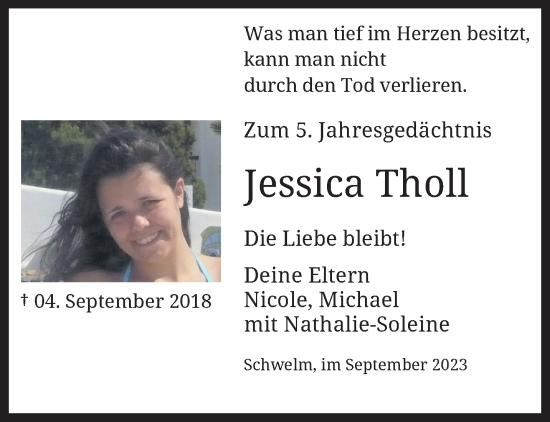 Traueranzeige von Jessica Tholl von trauer.wuppertaler-rundschau.de