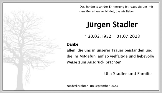 Traueranzeige von Jürgen Stadler von trauer.extra-tipp-moenchengladbach.de