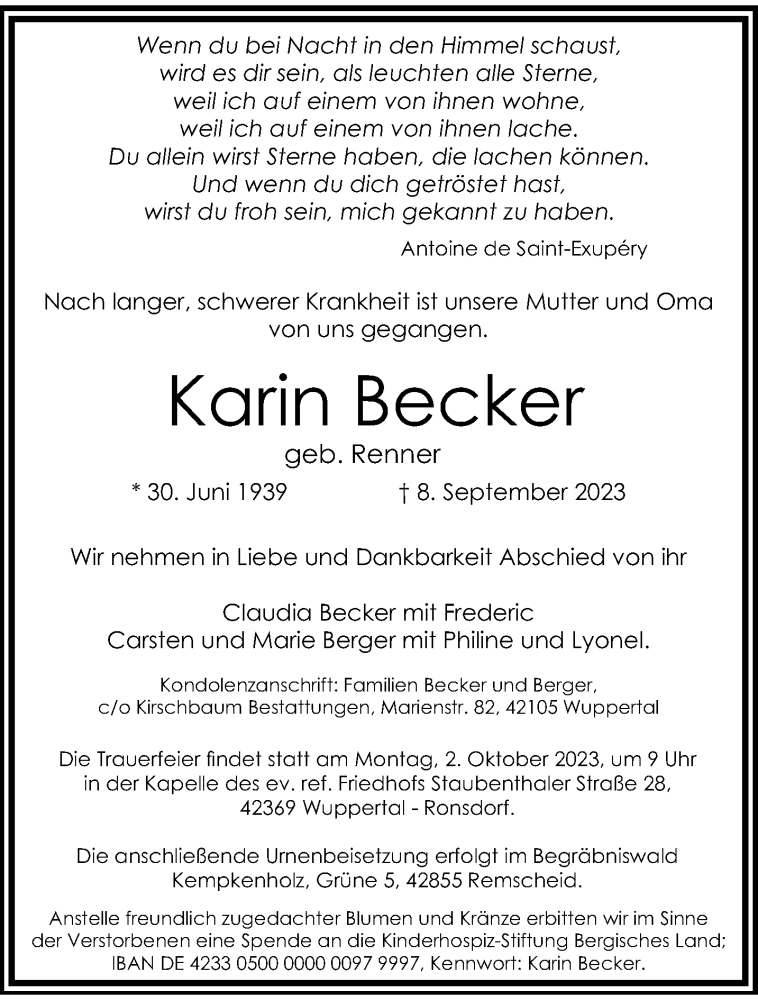  Traueranzeige für Karin Becker vom 16.09.2023 aus trauer.wuppertaler-rundschau.de