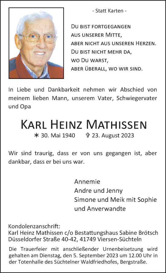 Traueranzeige von Karl Heinz Mathissen von trauer.extra-tipp-moenchengladbach.de