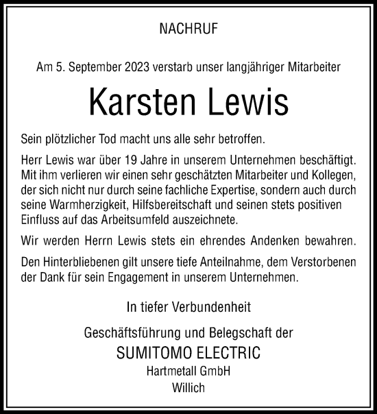 Traueranzeige von Karsten Lewis von trauer.extra-tipp-moenchengladbach.de