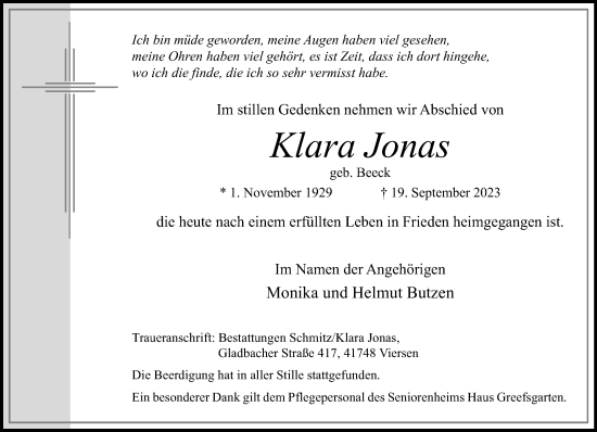 Traueranzeige von Klara Jonas von trauer.extra-tipp-moenchengladbach.de