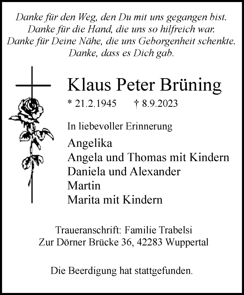  Traueranzeige für Klaus Peter Brüning vom 16.09.2023 aus trauer.wuppertaler-rundschau.de