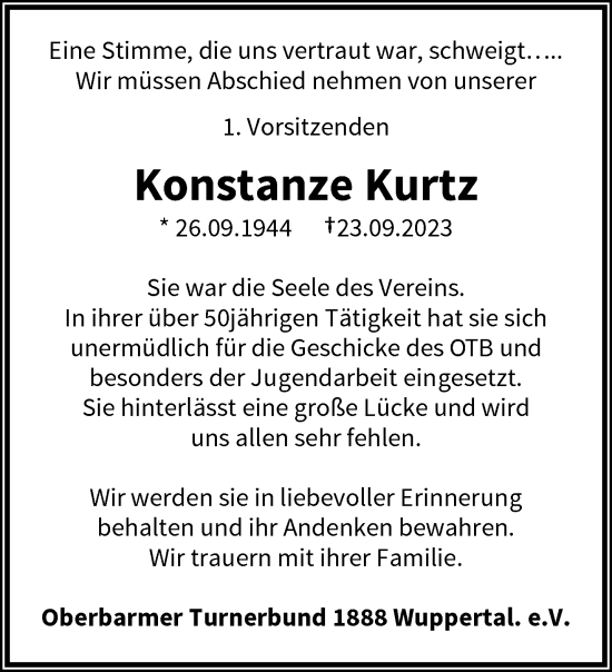 Traueranzeige von Konstanze Kurtz von trauer.wuppertaler-rundschau.de