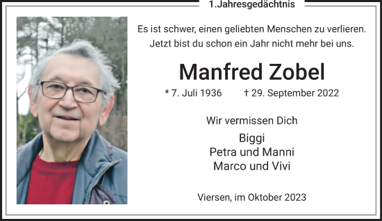 Traueranzeige von Manfred Zobel von trauer.extra-tipp-moenchengladbach.de