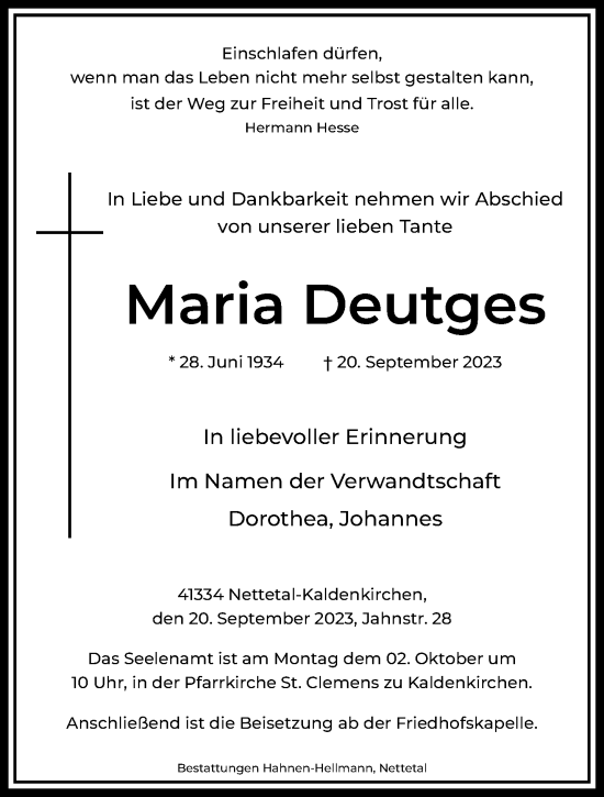 Traueranzeige von Maria Deutges von trauer.extra-tipp-moenchengladbach.de