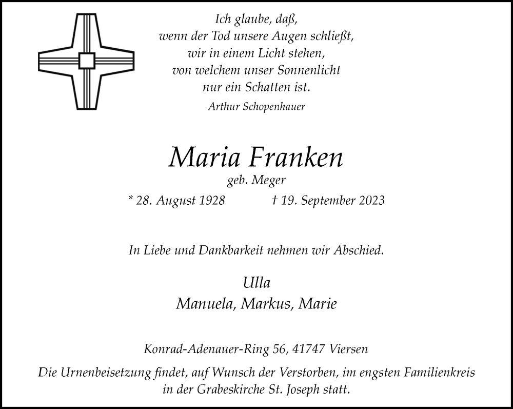  Traueranzeige für Maria Franken vom 01.10.2023 aus trauer.extra-tipp-moenchengladbach.de