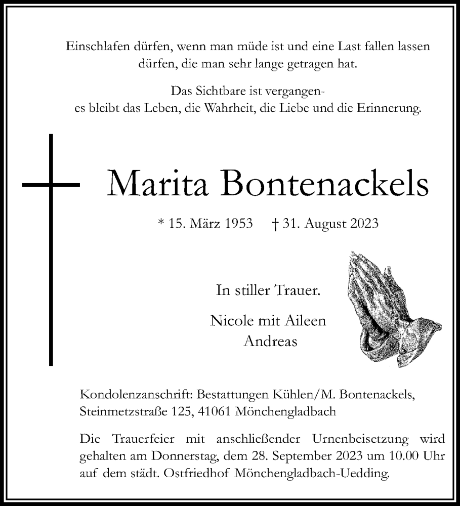  Traueranzeige für Marita Bontenackels vom 17.09.2023 aus trauer.extra-tipp-moenchengladbach.de