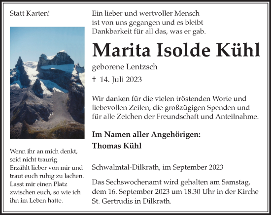 Traueranzeige von Marita Isolde Kühl von trauer.extra-tipp-moenchengladbach.de