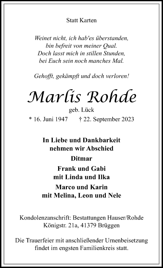 Traueranzeige von Marlis Rohde von trauer.extra-tipp-moenchengladbach.de