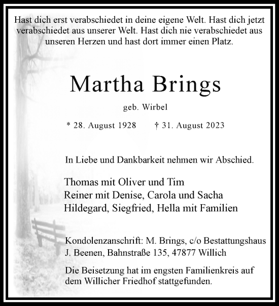 Traueranzeige von Martha Brings von trauer.extra-tipp-moenchengladbach.de