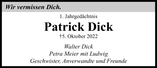 Traueranzeige von Patrick Dick von trauer.extra-tipp-moenchengladbach.de