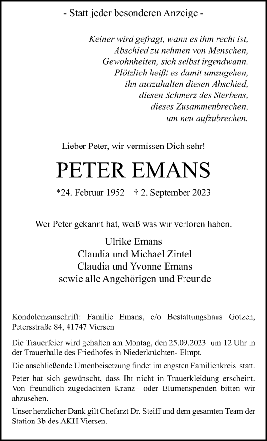 Traueranzeige von Peter Emans von trauer.extra-tipp-moenchengladbach.de