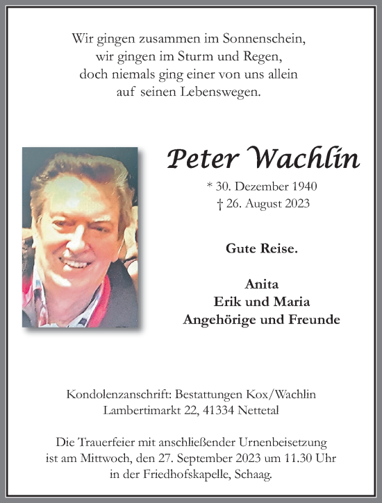 Traueranzeige von Peter Wachlin von trauer.extra-tipp-moenchengladbach.de