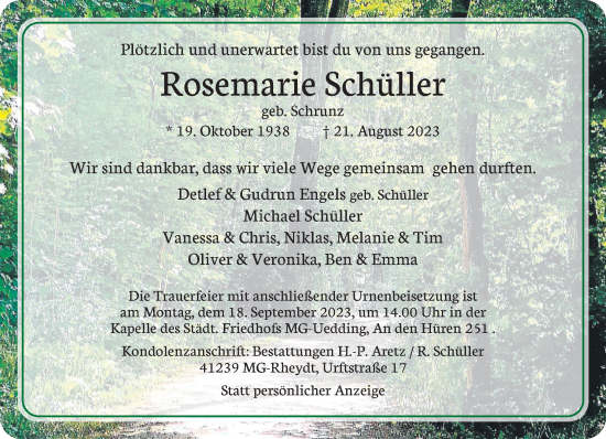 Traueranzeige von Rosemarie Schüller von trauer.extra-tipp-moenchengladbach.de