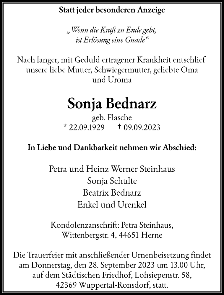  Traueranzeige für Sonja Bednarz vom 16.09.2023 aus trauer.wuppertaler-rundschau.de
