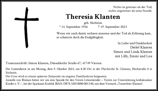 Traueranzeige von Theresia Klanten von trauer.extra-tipp-moenchengladbach.de