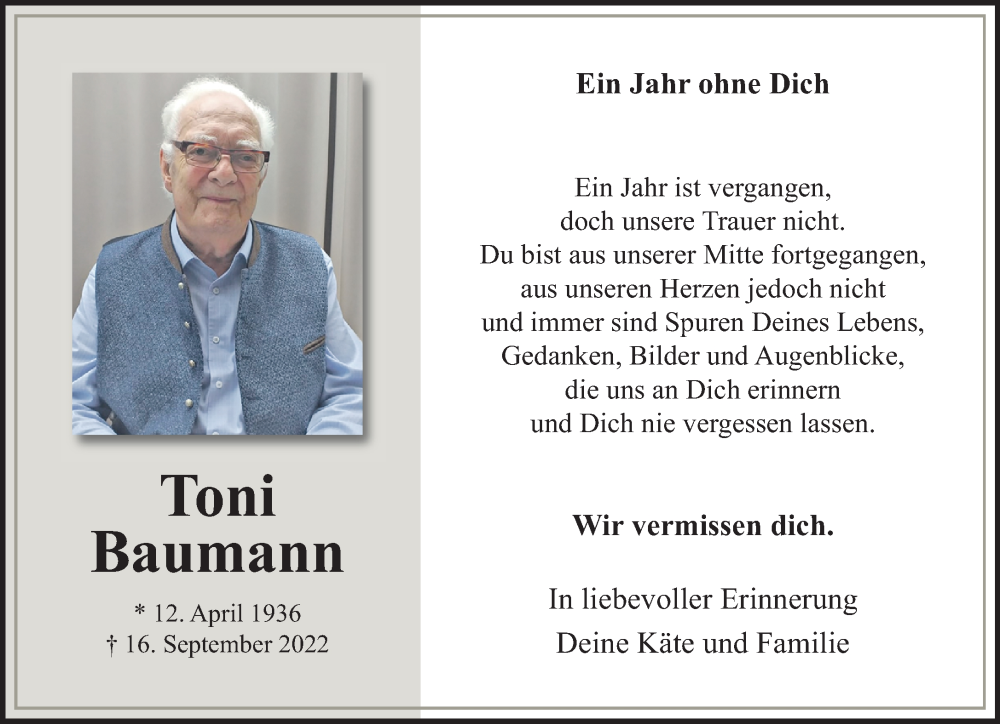  Traueranzeige für Toni Baumann vom 17.09.2023 aus trauer.extra-tipp-moenchengladbach.de