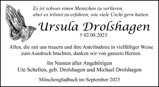 Traueranzeige von Ursula Drolshagen von trauer.extra-tipp-moenchengladbach.de