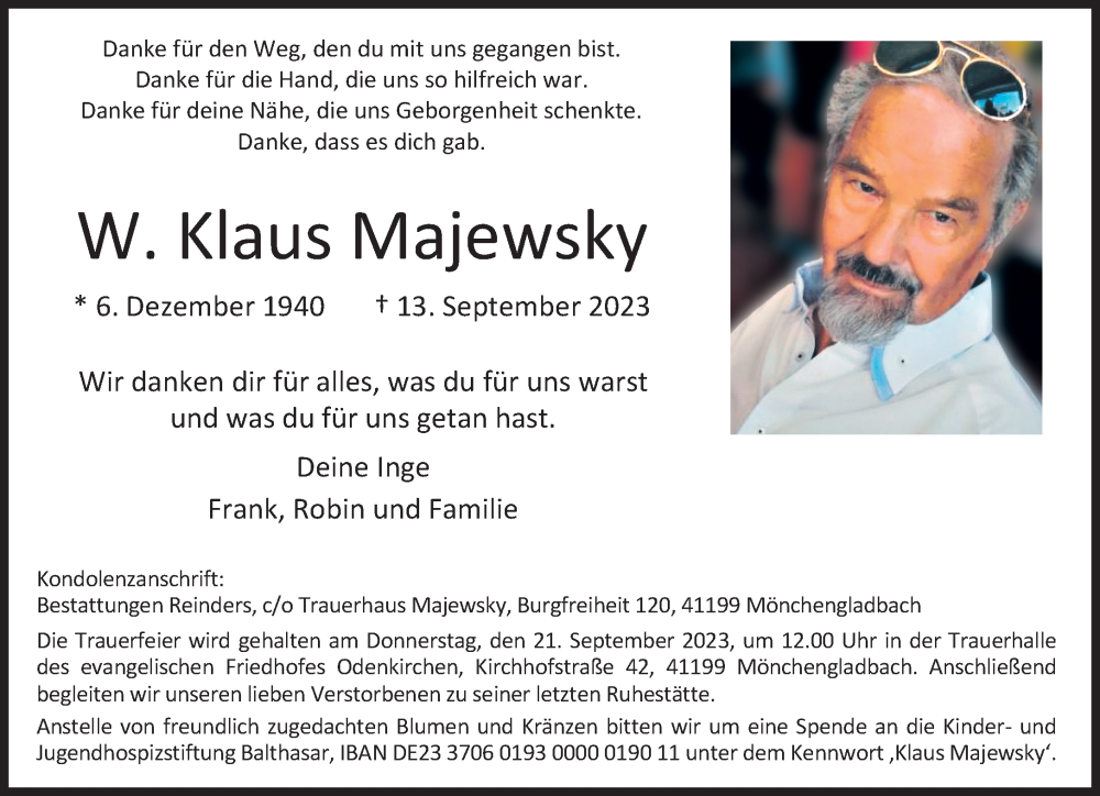  Traueranzeige für W. Klaus Majewsky vom 17.09.2023 aus trauer.extra-tipp-moenchengladbach.de