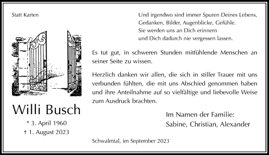 Traueranzeige von Willi Busch von trauer.extra-tipp-moenchengladbach.de