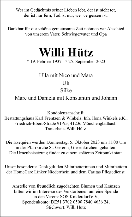 Traueranzeige von Willi Hütz von trauer.extra-tipp-moenchengladbach.de