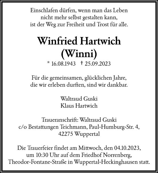 Traueranzeige von Winfried Hartwich von trauer.wuppertaler-rundschau.de