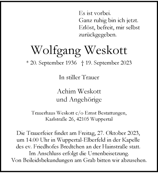 Traueranzeige von Wolfgang Weskott von trauer.wuppertaler-rundschau.de