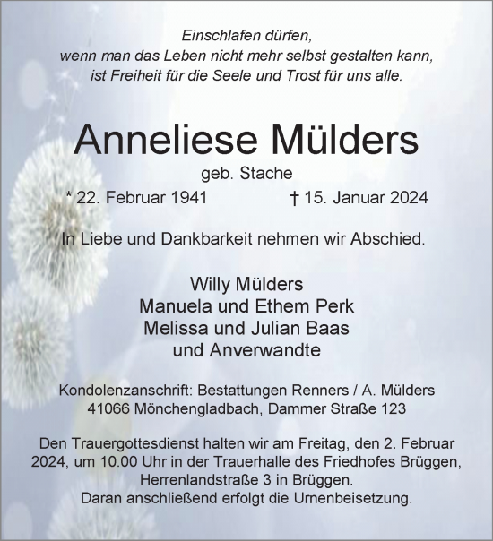 Traueranzeige von Anneliese Mülders von trauer.extra-tipp-moenchengladbach.de