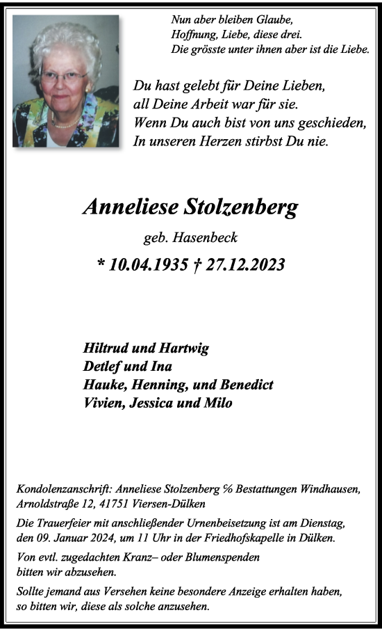 Traueranzeige von Anneliese Stolzenberg von trauer.extra-tipp-moenchengladbach.de