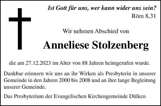 Traueranzeige von Anneliese Stolzenberg von trauer.extra-tipp-moenchengladbach.de