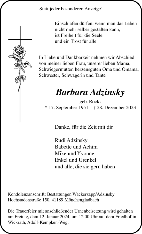 Traueranzeige von Barbara Adzinsky von trauer.extra-tipp-moenchengladbach.de