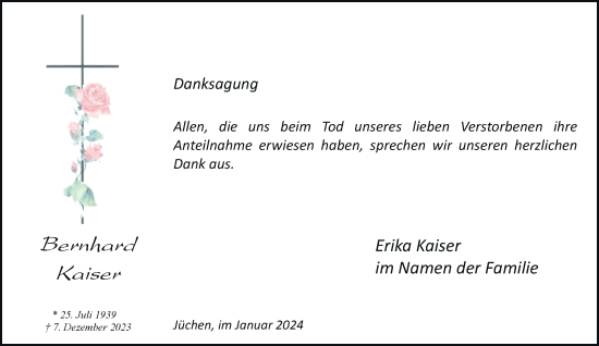 Traueranzeige von Bernhard Kaiser von trauer.stadt-kurier.de