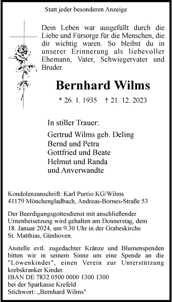 Traueranzeige von Bernhard Wilms von trauer.extra-tipp-moenchengladbach.de