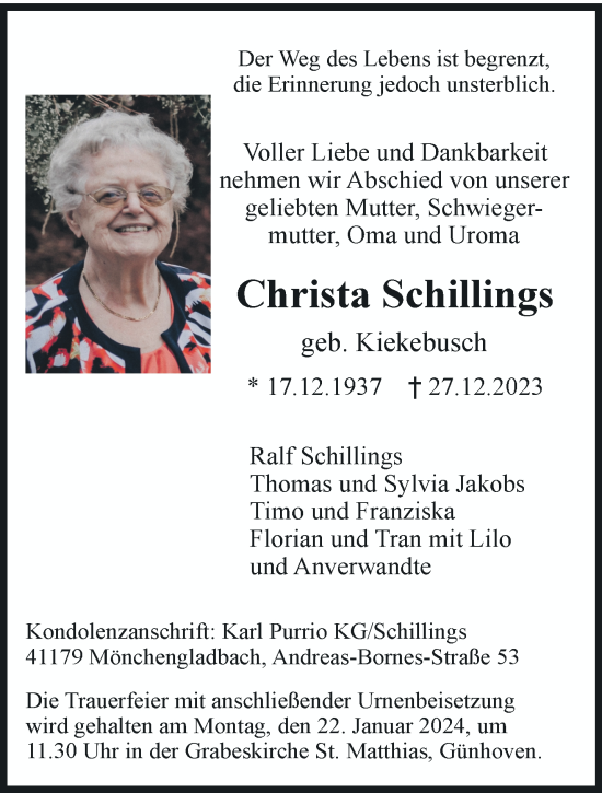 Traueranzeige von Christa Schillings von trauer.extra-tipp-moenchengladbach.de