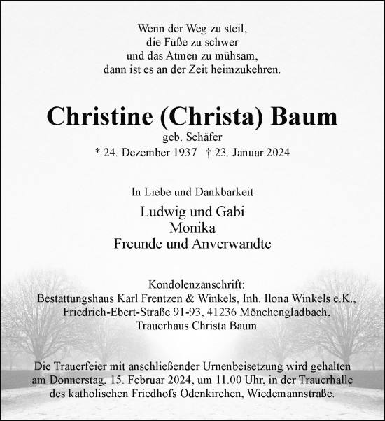 Traueranzeige von Christine Baum von trauer.extra-tipp-moenchengladbach.de