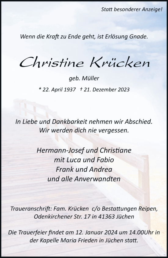 Traueranzeige von Christine Krücken von trauer.extra-tipp-moenchengladbach.de