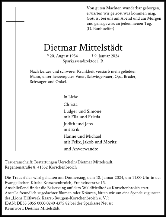 Traueranzeige von Dietmar Mittelstädt von trauer.extra-tipp-moenchengladbach.de